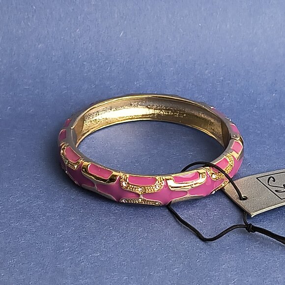 H Pattern Rhinestone Enamel Hinge Bangle Clamper Bracelet Gold Tone - Picture 5 of 6